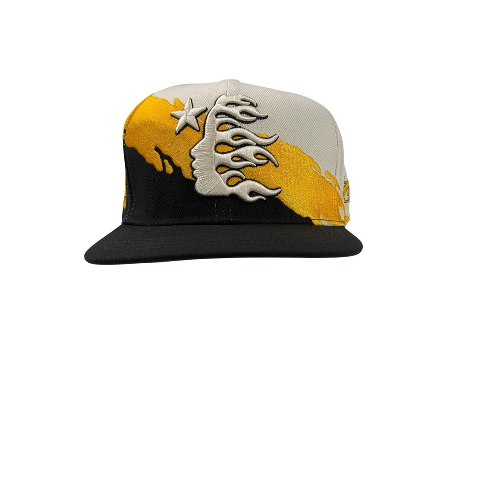 Hellstar Path To Paradise Snapback Hat Cream Yellow Black Flame Logo Rhinestone